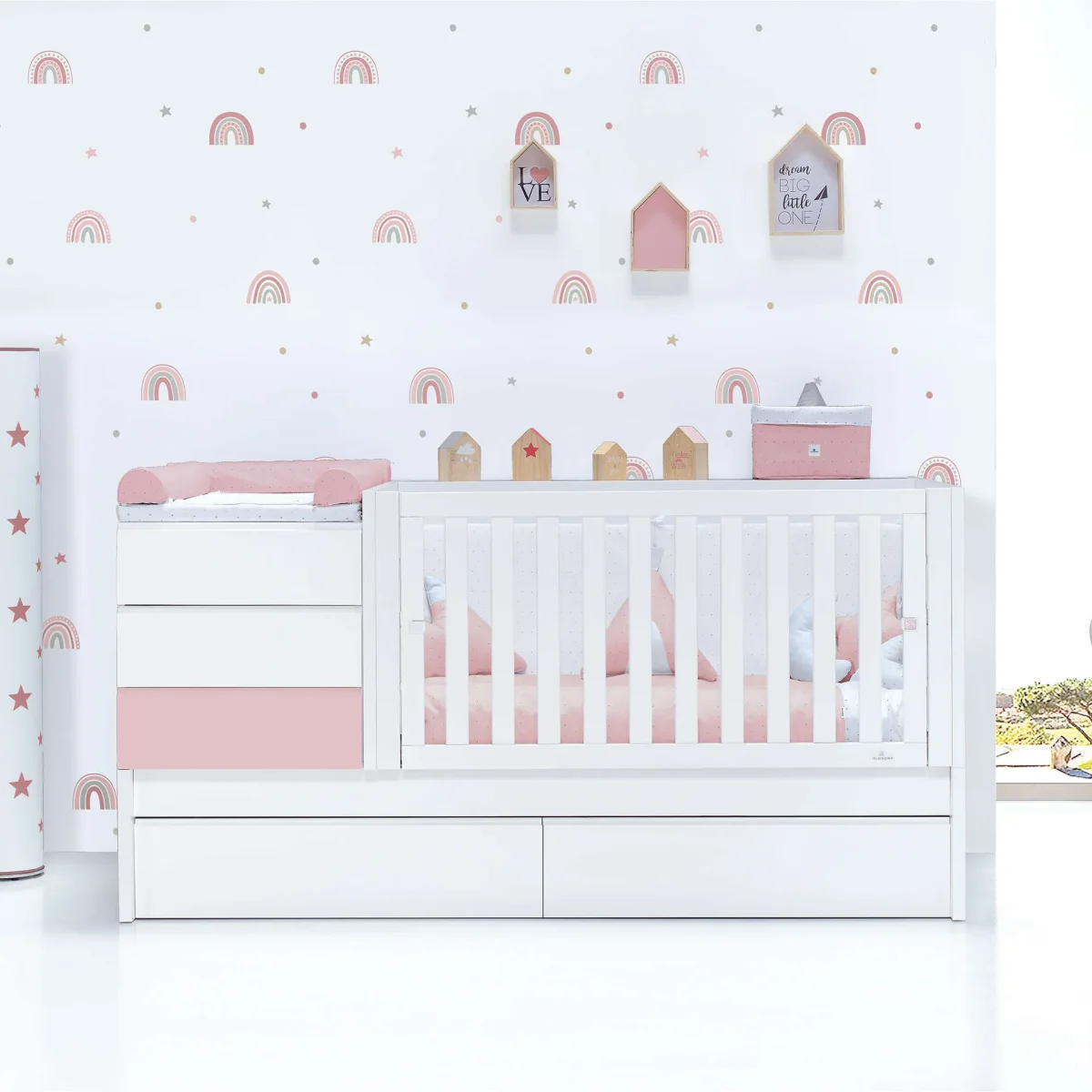 Cuna convertible Sero Kubo Flamingo blanca/rosa 70×140 cm