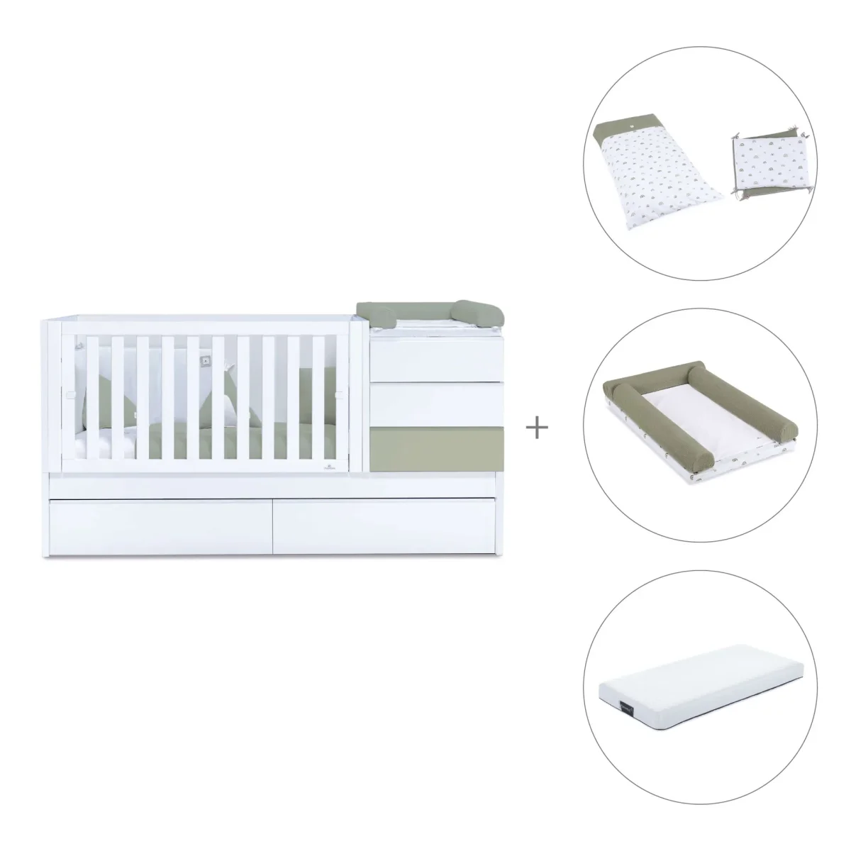 Cuna convertible Sero Kubo blanco/verde-oliva 70×140 cm - Imagen 7