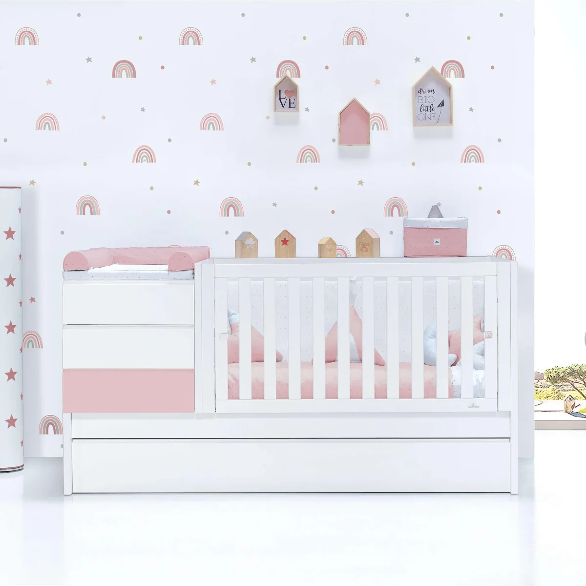 Cuna convertible Sero Kubo Flamingo blanca/rosa 70×140 cm - Imagen 3