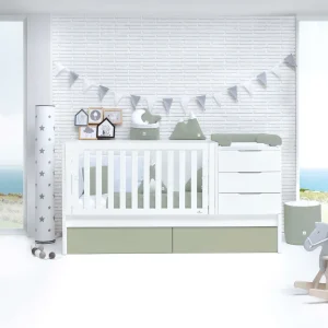 Cuna convertible Sero More blanca/verde-oliva 70×140 cm