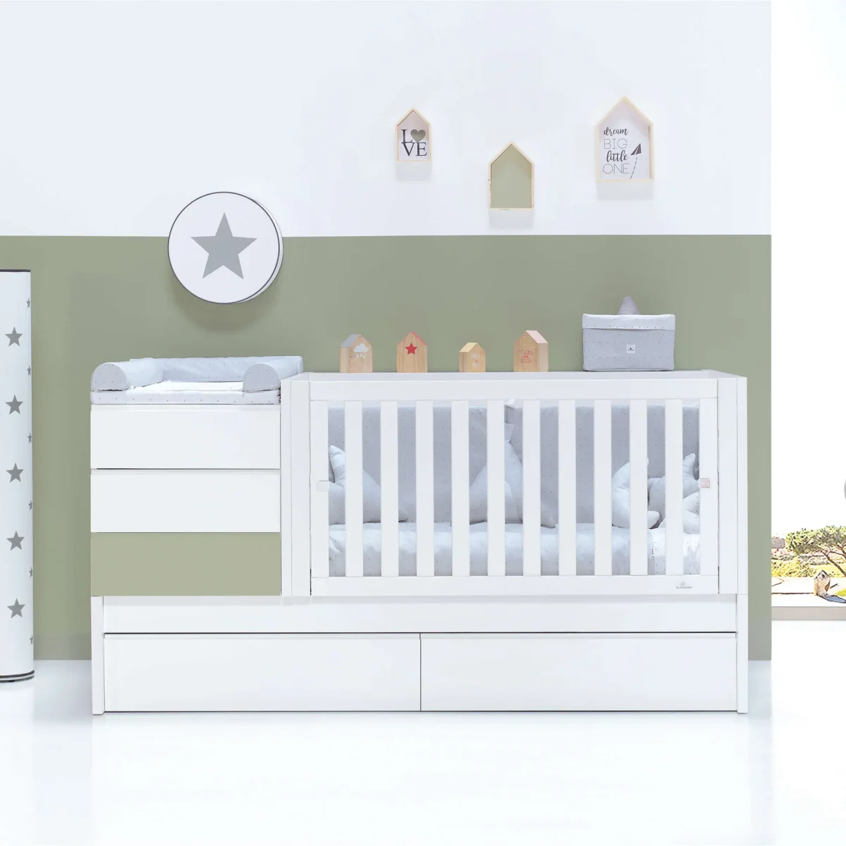Cuna convertible Sero Kubo blanco/verde-oliva 70×140 cm