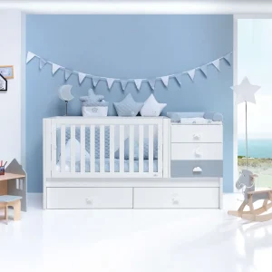 Cuna convertible Sero Bubble blanco/azul 70×140 cm