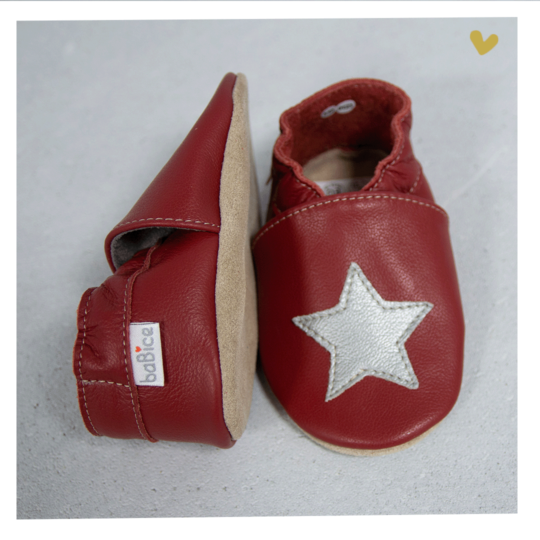 Zapato baBice barefoot de piel con suela blanda Granate con estrella - Imagen 4