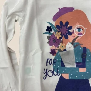 Camiseta blanca niña manga larga con ilustración "For You"