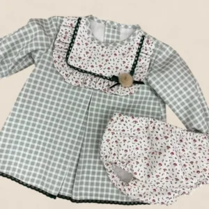 Conjunto bebé cuadros verdes con pechera floral y braguita