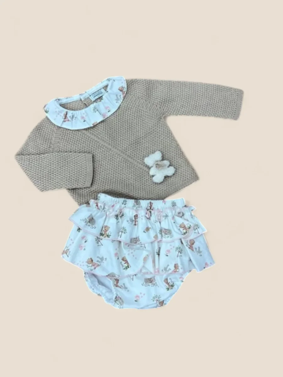 Conjunto bebé punto beige con ranita volantes estampada - Imagen 3