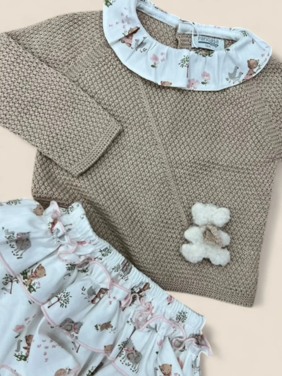 Conjunto bebé punto beige con ranita volantes estampada - Imagen 2