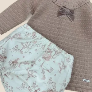 Conjunto bebé rosa empolvado punto y ranita estampada