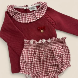 Conjunto punto granate y braguita cuadros vichy rojo
