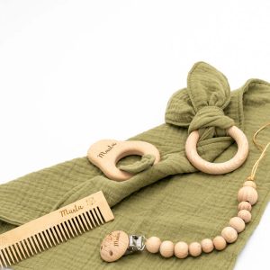 Conjunto Muselina, Chupetero Personalizado, Mordedor y Peine