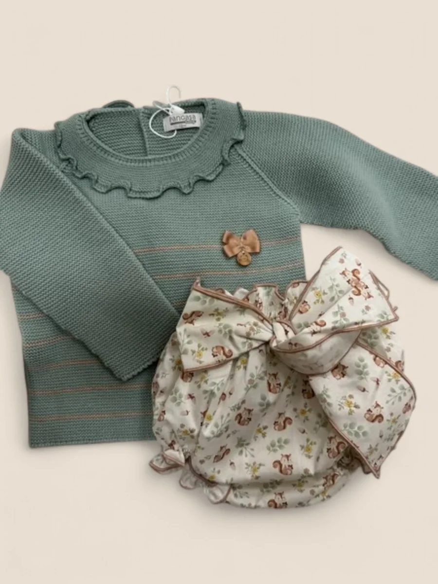 Conjunto verde con lazo y braguita estampado ardillas