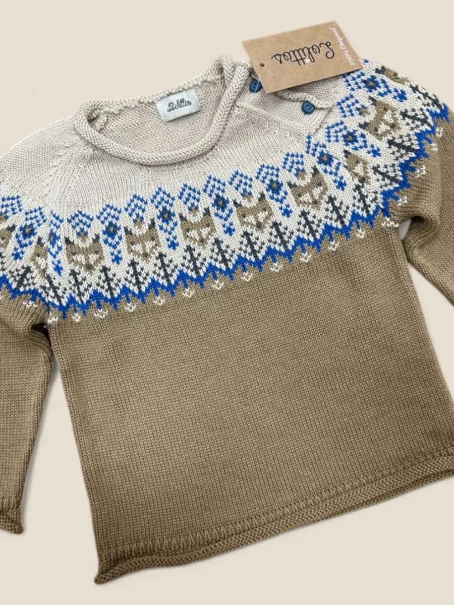 Jersey de punto nórdico beige y azul para bebé - Imagen 2