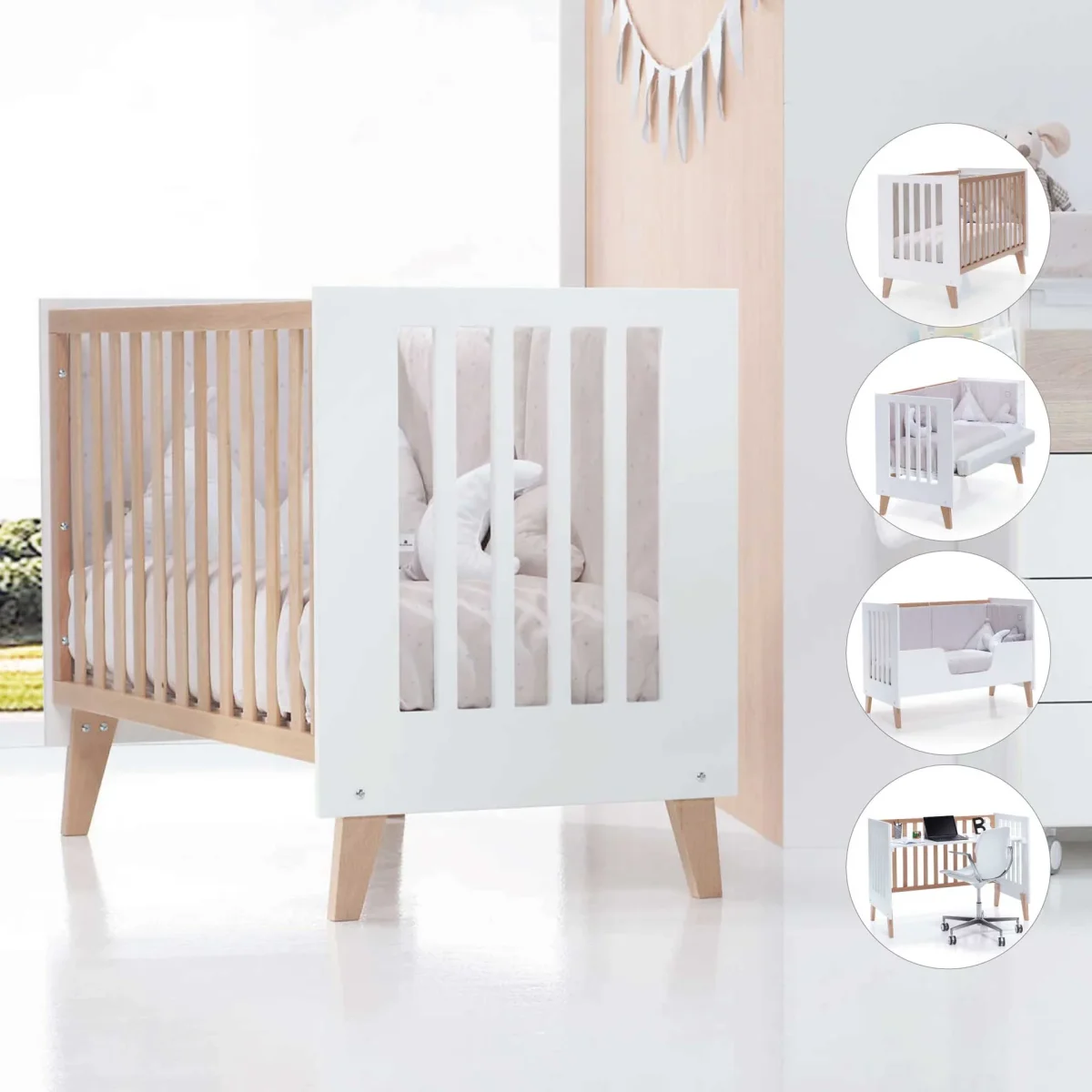 Cuna colecho Nexor madera/blanca 60×120 cm (4en1)