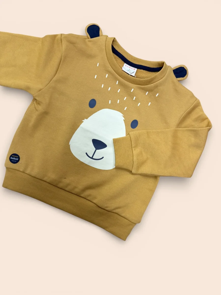 Sudadera infantil color mostaza con carita de oso y orejitas - Imagen 4