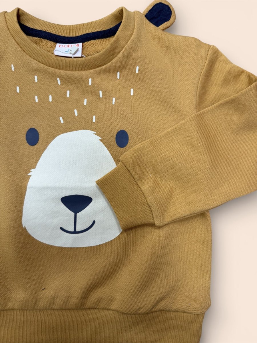 Sudadera infantil color mostaza con carita de oso y orejitas - Imagen 2